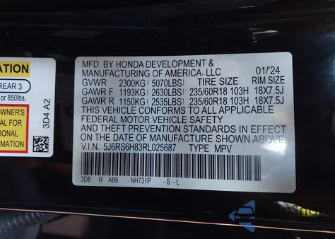2024 Honda Cr-V Hybrid Sport-L z USA, uszkodzony, nr VIN 5J6RS6H83RL025687
